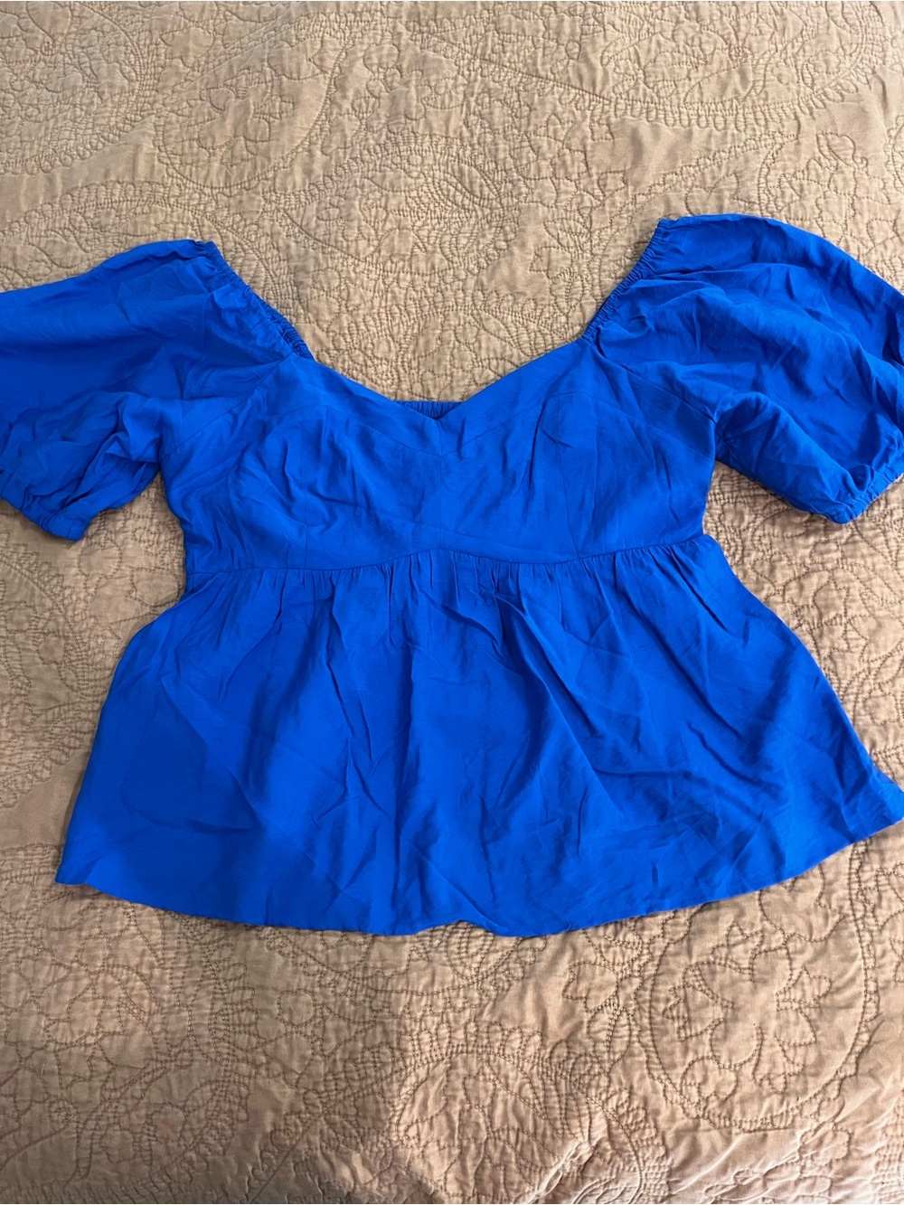 Cobalt Blue Puff-Sleeve Flowy Peplum Babydoll Blouse Nine West Women L - Picture 1 of 9